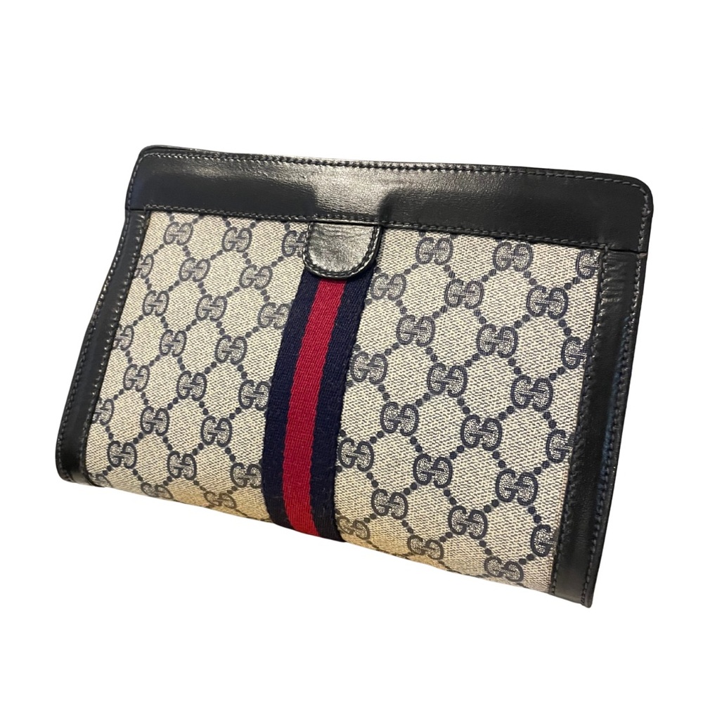 Authentic Vintage Gucci Monogram Canvas Clutch, PVC Leather, Sherry Line (Navy)